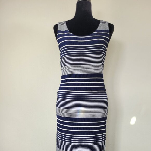 Anthropologie Maeve Edisto Column Dress midi navy white stripes knit texture L - Picture 2 of 11